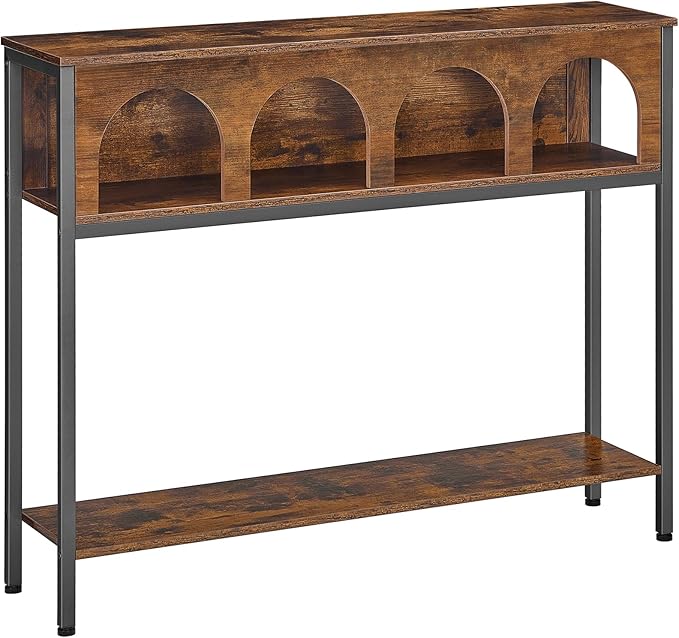 HOOBRO Modern Console Table, Entryway Table with 3-Tier Storage, Narrow Sofa Table Behind Couch with Arched Design for Living Room, Entrance, Hallway, Rustic Brown and Black BF106XG01