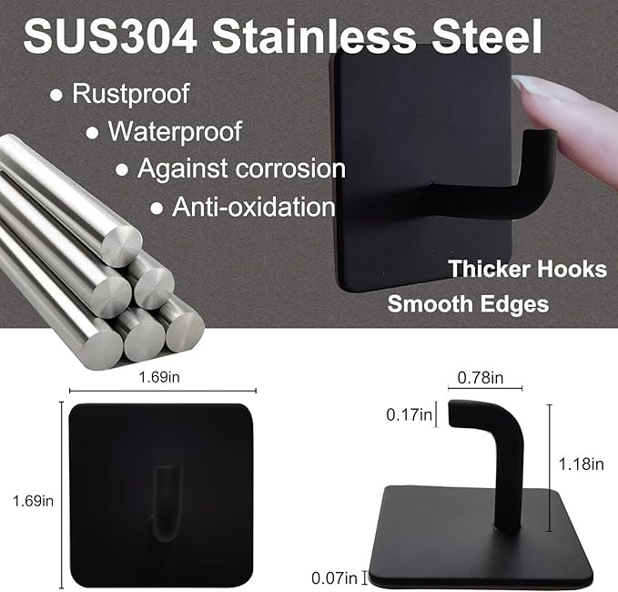 Adhesive Hooks Heavy Duty 8 Pack Stainless Steel Wall Hooks No Drill, Waterproof Bathroom Towel Hooks, Removable Sticky Hooks for Kitchen Shower Door Bedroom – 15 lbs Max, Matte Black