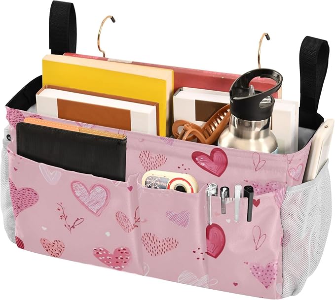 Bedside Caddy Hanging Bunk Bed Caddy Bed Organizer Hanging Pocket with 2 Hooks Bedside Storage Organizer Pocket Bag Holder Heart Pink