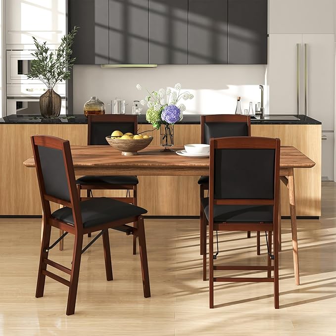 Giantex Folding Dining Chairs Set of 4, Foldable Wood Kitchen Chairs with Padded Seat, Solid Wood Frame, Max Load 400 Lbs, No Assembly Easy to Store Wooden Dining Chairs for Apartment, Small Space