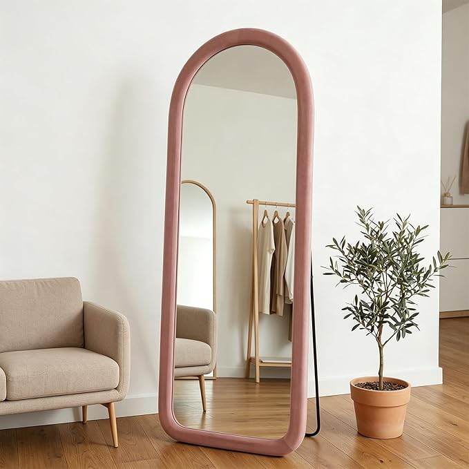 Full Length Mirror 56"x20" Arch Floor Mirror with Stand Arched Full Body Mirror Standing Hanging or Leaning Against Wall for Bedroom Flannel Wrapped Wooden Frame, Light Pink
