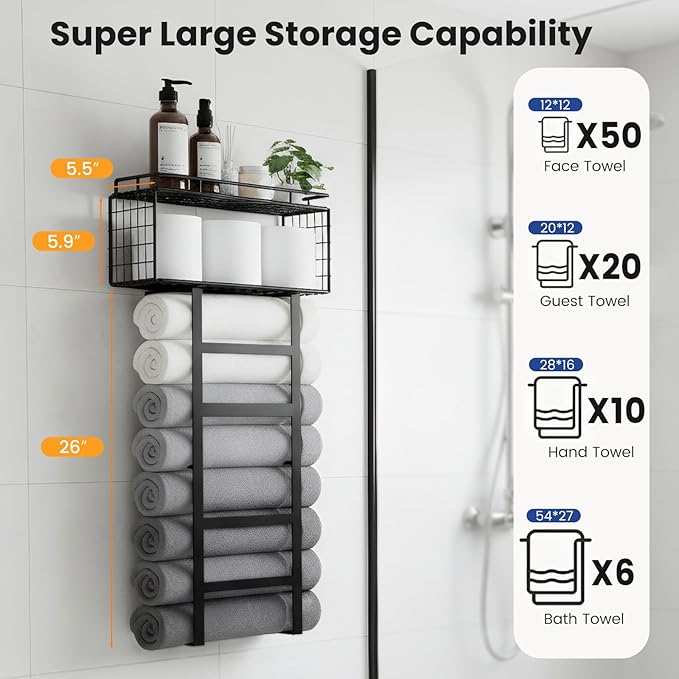 Vatex Towel Racks for Bathroom Wall Mounted, 4-Tier Bathroom Towel Rack with Shelf and Basket, Hold 6 Large Rolled Towels, 32-Inch Heavy Duty Towel Storage for Bathroom, RV, Black