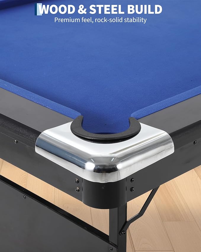 7 Foot Pool Table for Family, Foldable No Assembly Pool Table with Balls, Cues, Chalk, Rack & Brush, Portable Billiards Game Table for Apartment, Basement, Office & Game Room
