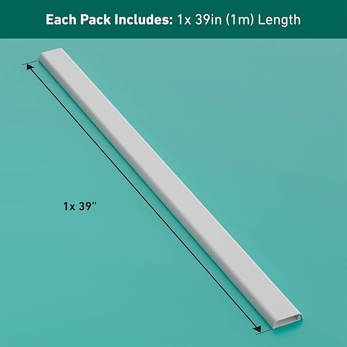 D-Line TV Wall Mount Cord Hider, Hide Mounted TV Cables, Wire Covers, Self Adhesive Cover for Cords, Paintable, Low Profile, Seamless Cable Raceway - 2.36in W x 0.59in H x 39in L - White