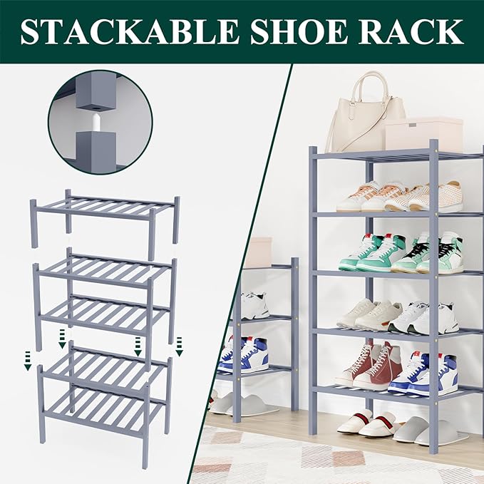 Smiry Small Bamboo Shoe Rack, 3 Tier Free Standing Wooden Shoe Organizer, Stackable Wood Shoe Storage Shelf for Closet, Entryway, 12 Vertical Slats, 2+1 Stack Standard Legs, 17.3"x11"x19.5", Grey
