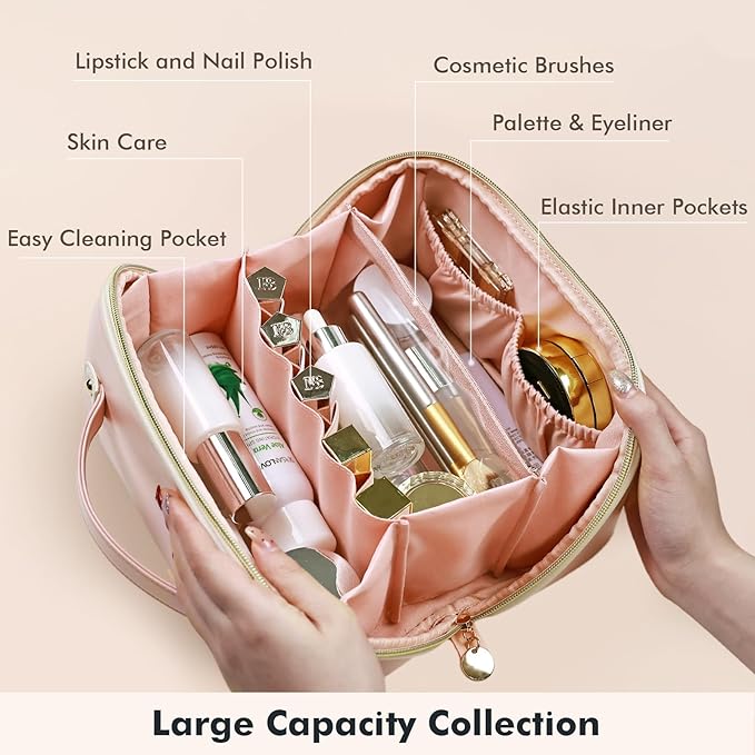 Prite Makeup Bag for Women Travel Waterproof Vegan Leather Cosmetic Bag Open Flat Toiletry Bag With Clear Divider and Handle (Pink, Large Pro)
