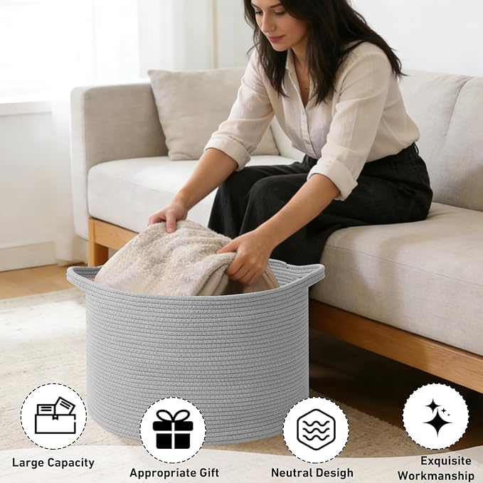 115L Extra Large Blanket Basket,Woven Rope Laundry Basket Hamper with Handles, Decorative Nursery Basket Storage Bin for Toys, Clothes Organizer, Living Room, Bedroom, Bathroom, Light Grey