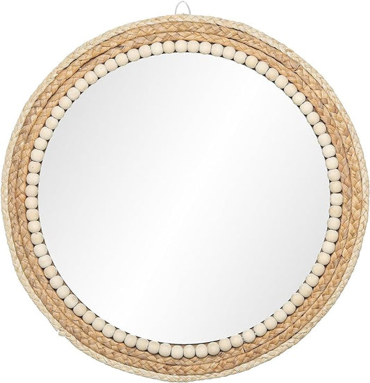 18 Inch Boho Round Hanging Wall Mirror Decorative Rattan Circle Mirrors for Farmhouse, Living Room, Bedroom