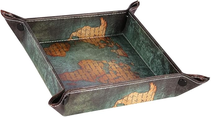 Valet Tray Desktop Storage Organizer, Vegan Leather Catchall Bedside Vanity Tray Nightstand Caddy Holder for Remote Controller, Watch, Keys, Phone, Wallet, Sunglasses, Jewelry - Map