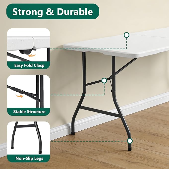 Folding Table 1 Pack, 5FT Folding Table Portable with Built-in Handle, Heavy Duty Plastic Table with Steel Legs Supports to 300lbs, Suitable for Party, Camping, Events Indoor&Outdoor Use, White