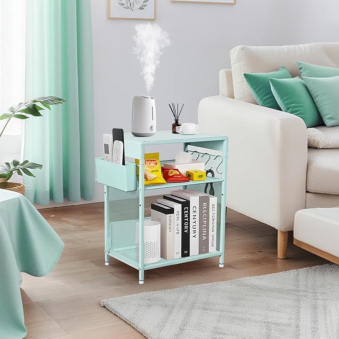 Mint Green Kids Nightstand, Small Nightstand for Bedroom, End Table with Hooks and Holder, Toddler Bedside Table, Desk Organizer for Office, Small Desk for Living Room, Dorm (Mint)