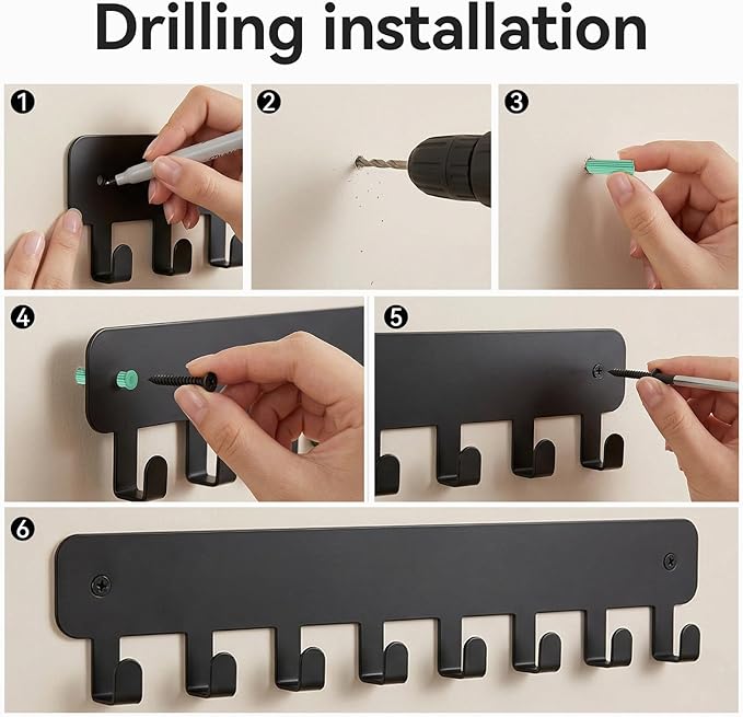 4 Pack Key Holder Wall Mount, Black Stainless Steel Key Hooks with 8 Hooks, Adhesive and Screw Mounting for Living Room Kitchen Bathroom Hallway