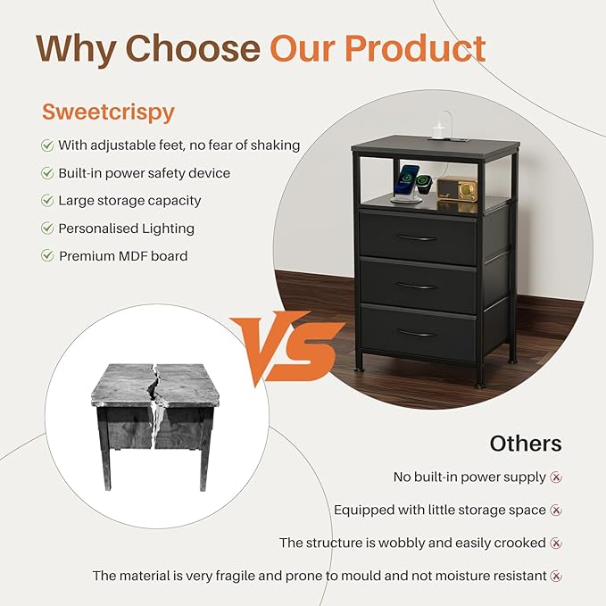 DUMOS Nightstand with Charging Station, Bedside End Table with 3 Fabric Drawers & USB/Type-C Ports and Outlets, Night Stand for Bedroom Furniture, Adjustable Feet and Variable Light Strip, Black