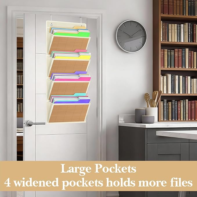 homyfort hanging wall file organizer, Over the door file folder organizer with 4 Large Bamboo Pockets, Suitable for Home, Office, Back to School Supplies Storage and Organization (Beige)