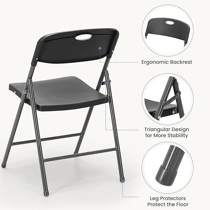 DUMOS 8 Pack Folding Chairs Heavy Duty - Plastic Stackable Portable Dining Chairs Set, Wedding, Party, Patio, Garden, for Indoor Outdoor, for Home and Office, Conference, Black