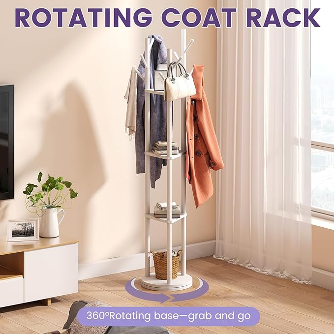 Rotating Coat Rack, Freestanding Coat Rack with 3 Shelves and 9 Hooks Clothes Organizer Coat tree for Bedroom, Entryway, Livingroom (Black)