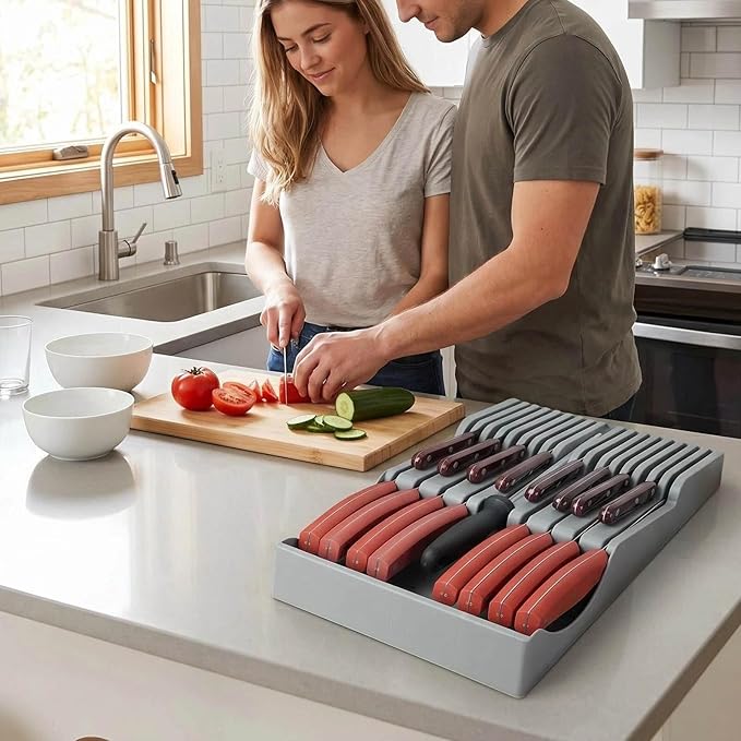 Drawer Knife Organizer, Kitchen Plastic Drawer Knife Block Holder Storage Sets for 16 Knives and 1 Sharpening Steel Extra Large Steak Chefs Knives Holder
