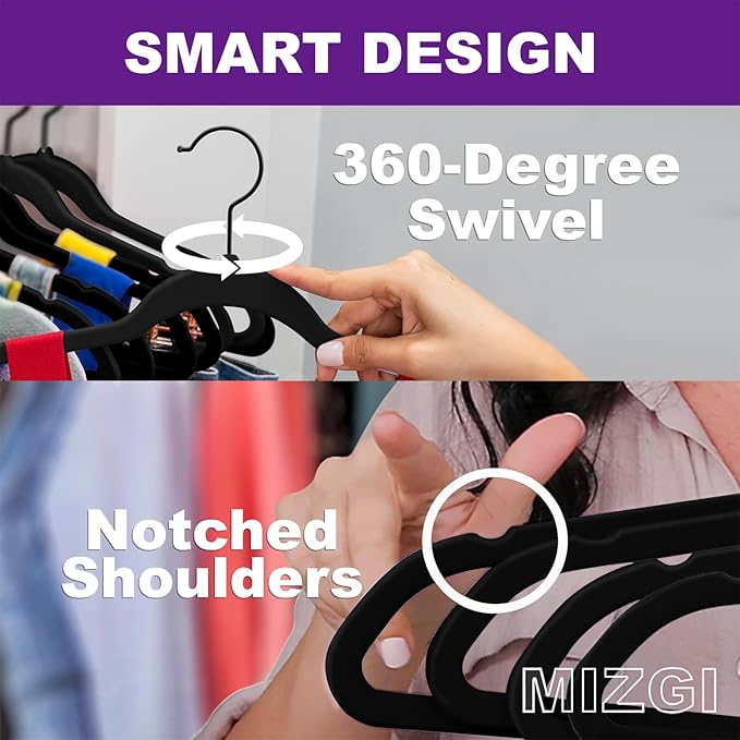 MIZGI Premium Velvet Hangers with Black Hooks (30 Pack) - Heavy Duty, Non Slip Felt, 360 Degree Swivel, Space Saving, Durable for Suits & Coats