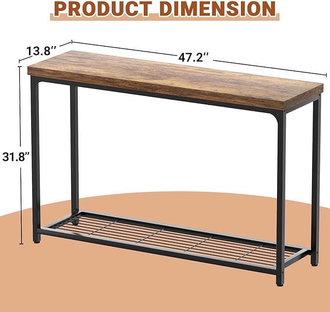 Besiost 47" Console Table with 2-Tier Storage, Industrial Narrow Entryway Table, Sofa Table Behind Couch for Hallway, Foyer & Living Room, Sturdy Metal Frame, Rustic Brown