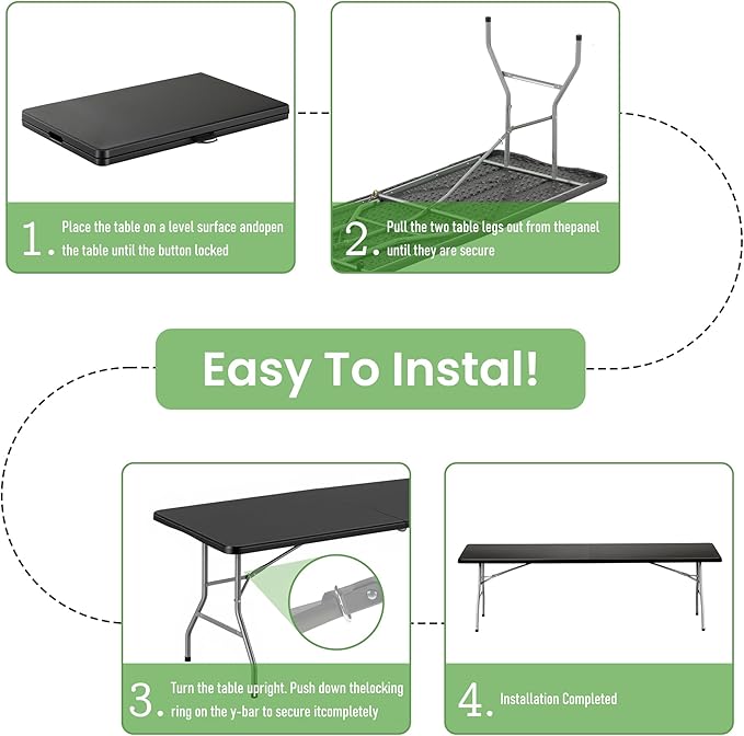 Folding Table 8FT Portable Heavy Duty Plastic Table with Carrying Handle Fold-in-Half Utility Foldable Tables for Parties Wedding Events Dining Indoor Outdoor Picnic (Black)