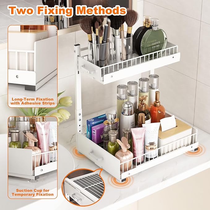 2 Pack Under Sink Organizer, 2 Tier Slide Out Cabinet Organizer with Pulley, Height Adjustable Pull Out Shelf for Kitchen, Bathroom, Laundry and Utility Storage, White