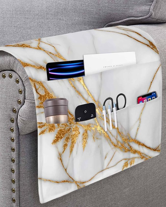 Sofa Armrest Organizer Bedside Caddy, White Yellow Marble Non Slip Couch Remote Control Holder for Recliner, Ink Painting Modern Art Armchair Caddy with Pocket for Magazine, Phone, 19.7"x35"