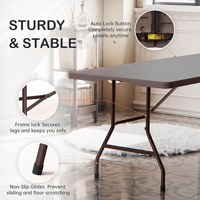 VSOAEIL Set of 2 6 Foot Folding Table for Indoor Outdoor, Portable Heavy Duty Fold-in-Half Utility Plastic Foldable Dining Table with Carrying Handle for Picnic, Camping and Party, 2 Pack Brown