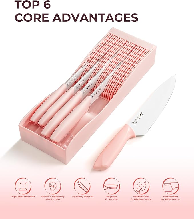 OOU In-Drawer Kitchen Knife Set, Space-Saving Cutlery and Kitchen Organizer, Includes Chef, Bread, Santoku, Utility and Paring Knives, 6-Piece, Pink
