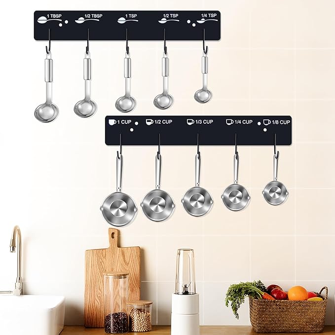 Premium Measuring Cups and Spoons Hanging Rack with stick, Measuring Cup Organizer Rack Suitable for Kitchen Hanging Cups and Spoons, Including Screw and Adhesive Mounting (Stickers+Measuring)
