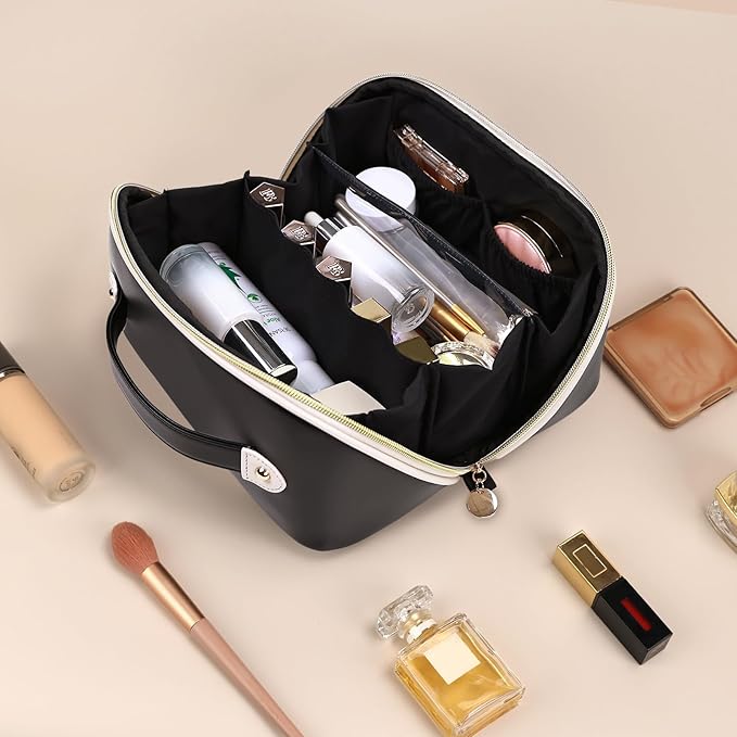 Prite Makeup Bag for Women Travel Waterproof Vegan Leather Cosmetic Bag Open Flat Toiletry Bag With Clear Divider and Handle (Black, Large Pro)