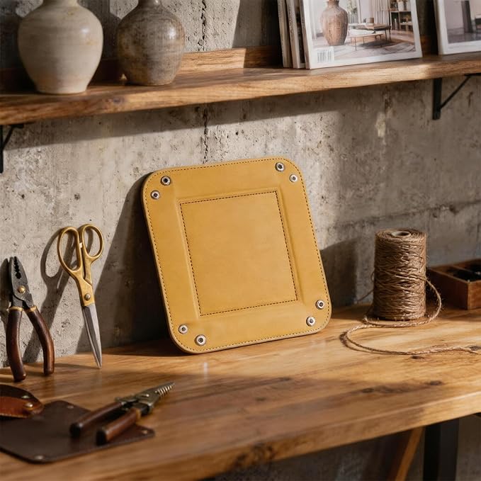 Valet Tray Desktop Storage Organizer – Vegan Leather Catchall Tray Bedside Vanity Tray Nightstand Caddy Holder for Remote Controller, Watch, Keys, Phone, Wallet, Coin, Jewelry, Yellow