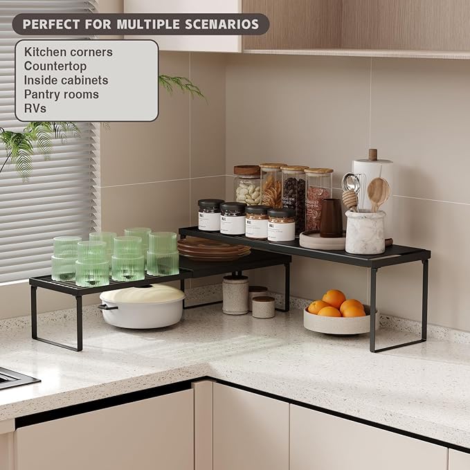 Magheo Expandable Cabinet Shelf Organizer, 2 Pack Stackable Kitchen Counter Shelf Riser, Metal Spice Rack Heavy Duty Countertop Organizer Storage for Kitchen, Pantry, Cupboard, Rv (5.9in Height,Black)