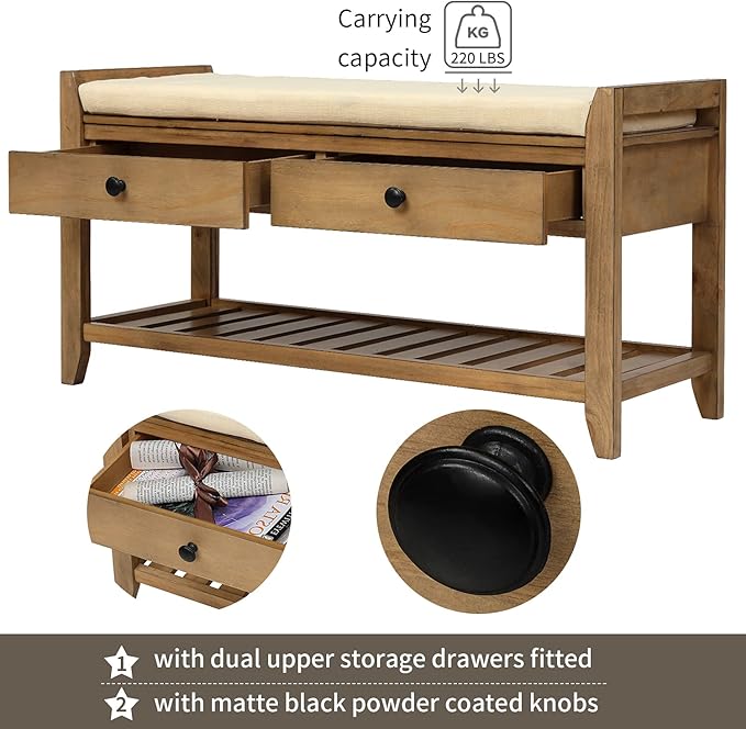 LUMISOL Storage Bench, Shoe Rack with Upholstered Seat and 2 Drawers, Solid Wood Entryway Storage Bench with Shoe Rack for Entryway, Living Room, Bedroom, Old Pine