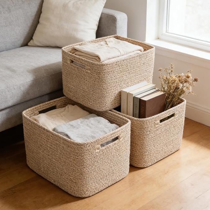 3 Pack Woven Rope Storage Baskets for Organizing,13.5"×11"×9.5"Storage Bins for Shelves,Perfect for Toys,Books,Towels,Clothes,Empty Gift Baskets for Nursery,Living Room&Bedroom(Mix Brown)