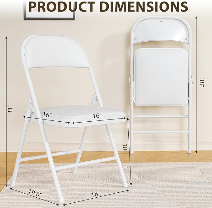 4 Pack Padded Folding Chairs, Portable Metal Foldable Chairs with Cushion, PU Leather Sturdy Indoor Outdoor Seating for Home, Office, Party, White