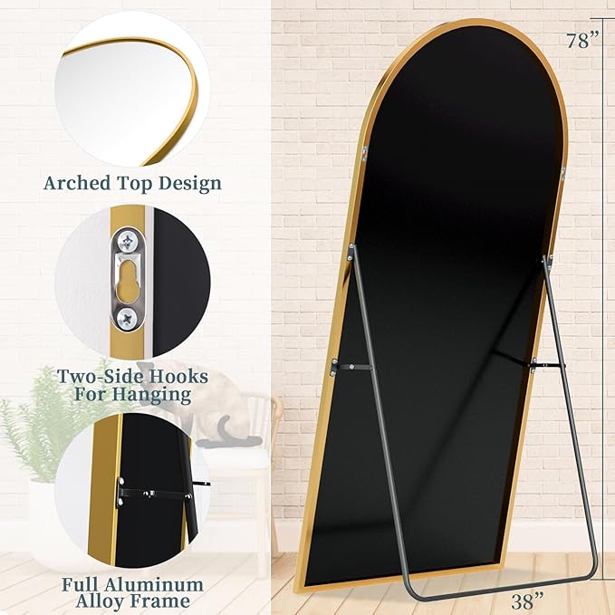 Full Length Mirror with Stand, 78"x38" Arched Full Body Mirror, Large Stand Up Mirrors, Aluminum Frame Floor Standing Mirrors, Freestanding Hanging Leaning Mounted for Bedroom Living Room, Gold