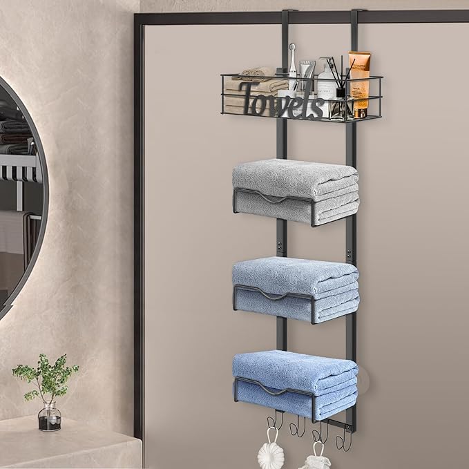 Over The Door Towel Racks, No Drill Towel Storage with Basket & Hooks, Space-Saving Multi-Functional Towel Holder for Bathrooms, bedrooms, Apartments, RVs (Matte Black, 5 Tier)