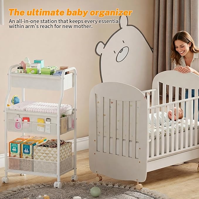 3-Tier Diaper Caddy Organizer & Rolling Cart,Metal Utility Cart with 4+2 Dividers & Lockable Silent Casters, Mobile Storage Cart for Nursery Essentials, Multi-Purpose for Kidsroom Changing Table