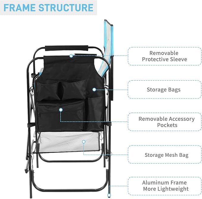 Outvita 26" Tall Directors Chair Height Seat Folding with Side Table Storage Bag, Support for 300Lbs Portable Makeup Artist Chair with Bar Height(Blue/Black)
