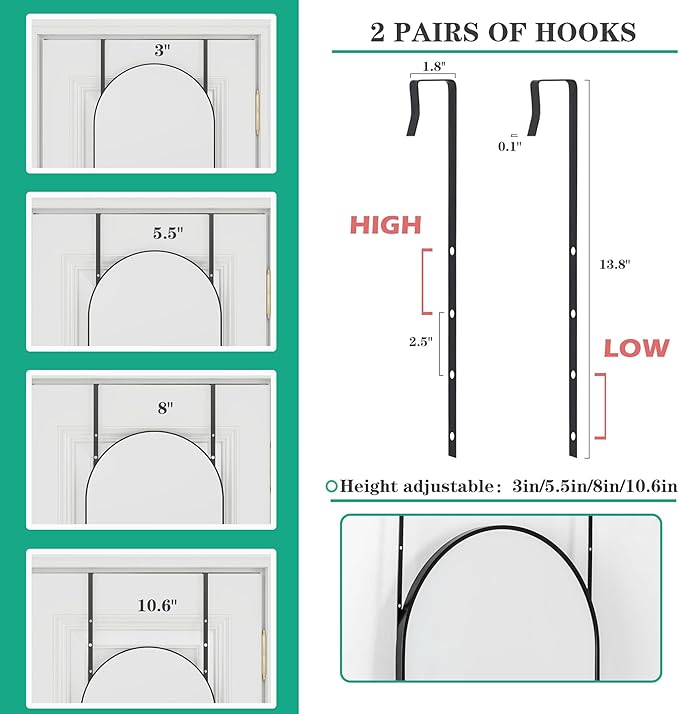Over the Door Mirror Full Length, 48"x14"Door Hanging Mirror Full Length Arch Mirror, Behind the Door Wall Mirror, Back of Door for Closet Bedroom Living Room, Black