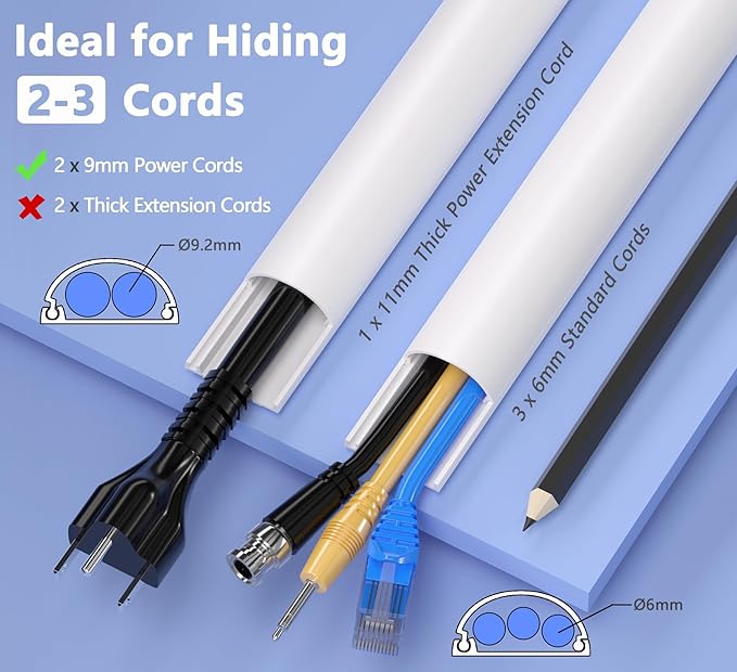 D Cord Hider for Wall Mount TV, 56.8in(4 x L14.2in) Self-Adhesive Cable Hider Kit, PVC Cord Covers for Wires on Wall, White Cable Raceway, Paintable Wire Hiders, 1.2" W x 0.55" H
