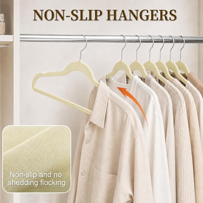 Velvet Hangers 50 Pack, Non Slip Clothes Hangers with Shoulder Notches, Slim Felt Hanger with 360° Swivel Hook, Space-Saving, for Coat, Shirt, Pants, Dress, Suits, Ivory