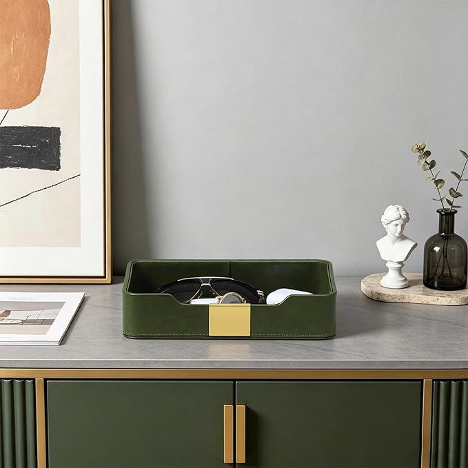 10.2" x 6.7" Nightstand Organizer Tray with Gold Accent, Decorative Valet Trays Cologne Organizer for Men, Key Bowl Perfume Trinket Tray for Dresser Bedside Entryway Table (Olive Green)