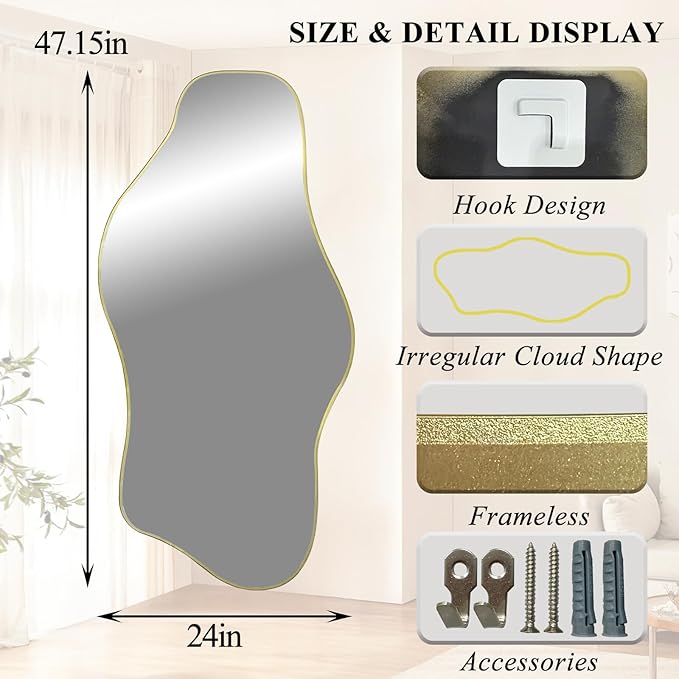 Gold Irregular Mirror, 47.2"x24" Asymmetrical Tempered Glass Mirror, Modern Abstract Frameless Wall Mirrors for Living Room Bedroom Hallway Entryway, Hangs Vertically or Horizontally