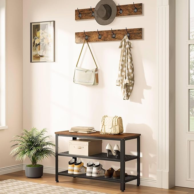 HOOBRO Hall Tree Entryway Storage Bench, Coat Rack Shoe Bench, Shoe Rack Organizer with Coat Hooks, 3-in-1 Design, Wooden Furniture with Metal Frame, Rustic Brown and Black BF17MT01