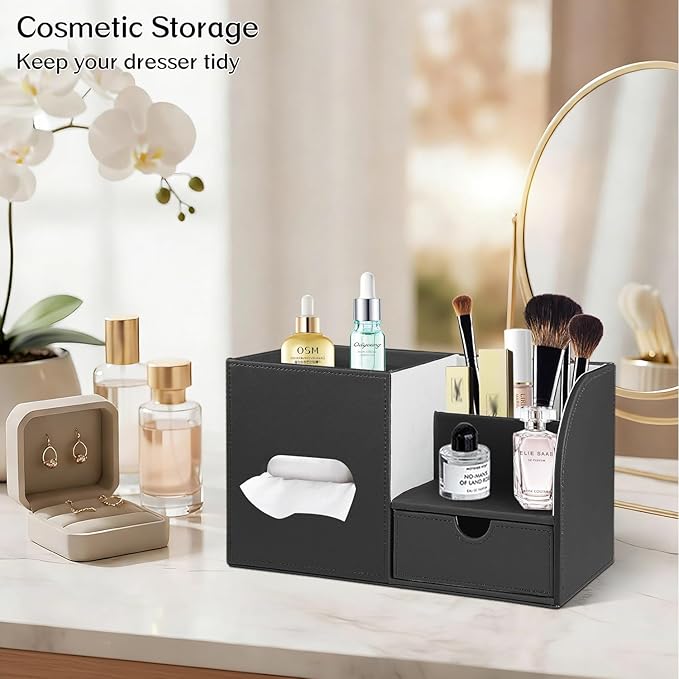 PU Leather Square Tissue Box Cover with Tray and Organizer, Multi-Function Remote Control Tissue Holder for Vanity, Nightstand, Bathroom, Home and Office