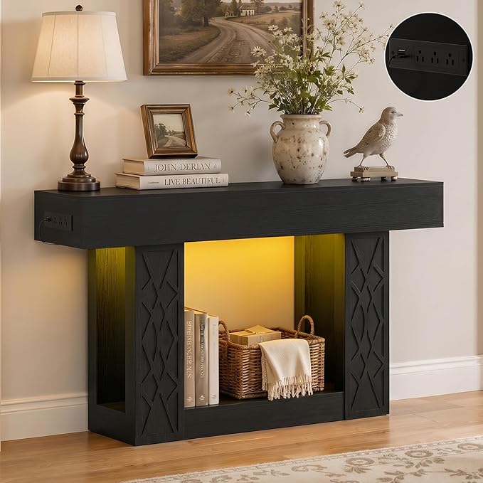 Unikito 47" Console Table with Outlets & LED Lights, Farmhouse Entryway Table with Unique Lattice Geometric Pattern, Sofa Table Behind Couch with 2-Tier Storage for Living Room, Hallway, Foyer, Black