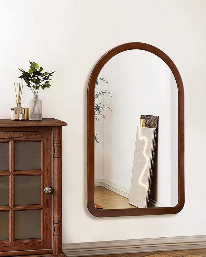 Arched Mirror 30 x 48 Inch,Walnut Brown Wood Rustic Bathroom Tempered Wall Mirror with Wood Frame,Round Corner Arch Farmhouse Wooden Vanity Mirror for Living Room,Entryway or Bedroom