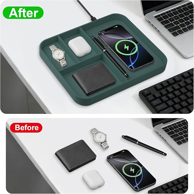 VOVIPO Faux Leather Valet Tray,with 2 in 1 Wireless Charging Compitable With iPhone/17/16/15/15 Plus/15 Pro/15 Pro Max/14/13/12/Wireless earphones,Office/Home Desk Organizers Tray-Mint