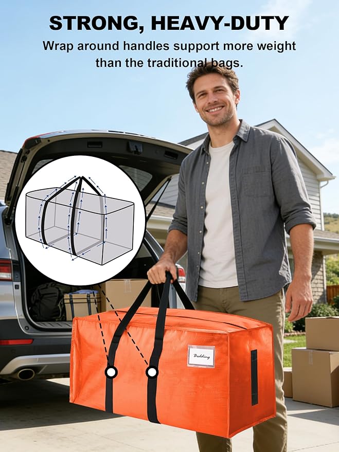 HOMESURE Supports 200lbs Heavy Duty Moving Bags - Strong Zipper & Wrap-Around Handles - Water-Resistant Storage Totes, Durable Alternative to Moving Boxes - 4 Pack - Orange